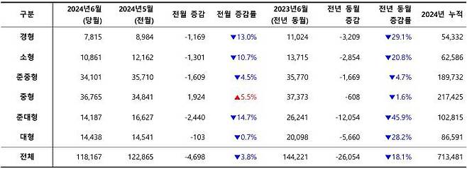 2024년 6월, 차급별 신차 등록 대수 / 출처=카이즈유데이터연구소