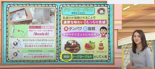 한국식 그릭 요거트 인기에 대해 분석하는 일본 방송 프로그램의 일부. /사진=tbs '히루오비' 방송화면 캡처