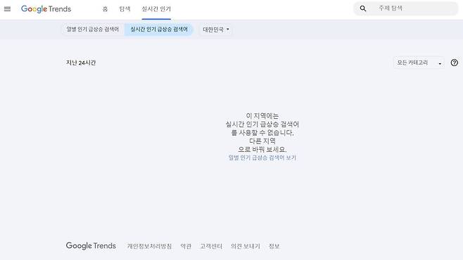 구글이 국가별 구글 트렌드 '실시간 인기 급상승 검색어' 목록에서 한국을 제외했다./구글 트렌드 페이지