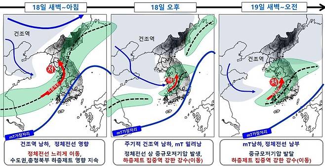 18~19일 강수 모식도. 초록색 부분이 강수 영역. 기상청 제공