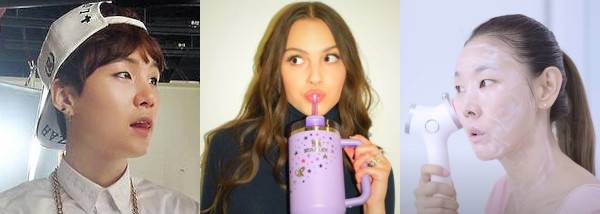 BTS 멤버 슈가가 국내 브랜드 바잘(BAZAR)의 볼캡을 착용하고 있다. 미국의 아이유란 별명을 가진 가수 올리비아 로드리고가 스탠리 텀블러에 음료를 담아 마시는 장면을 인스타그램에 게재했다. 모델 한혜진이 홈 뷰티기기 LG프라엘을 사용하고 있다(왼쪽 사진부터). 각각 인스타그램·유튜브 캡처