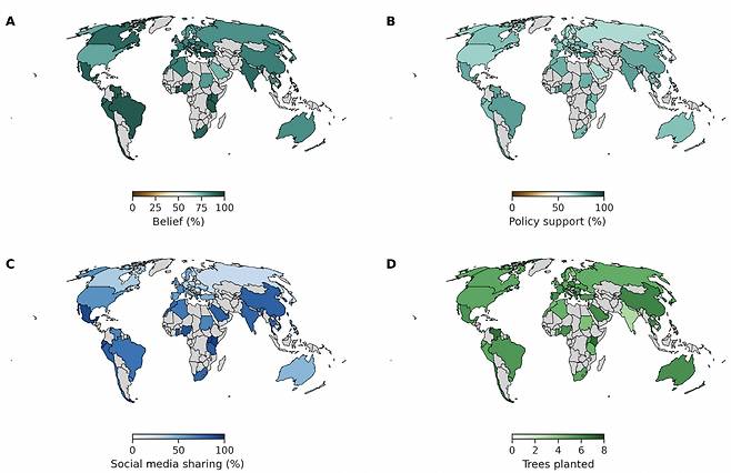 각 나라에서 관찰된 메시지 개입 효과. (A) 기후 위기에 대한 개인 신념과 (B) 기후 변화 대응 정책을 지지하는 사람들의 비율은 나라별 큰 차이가 없었다. 반면에 (C) 기후 위기 소식을 전파하려는 의도와 (D) 기후 위기 대응을 위한 개인 노력의 정도에는 나라 별 큰 차이가 관찰됐다.[UNIST 제공]