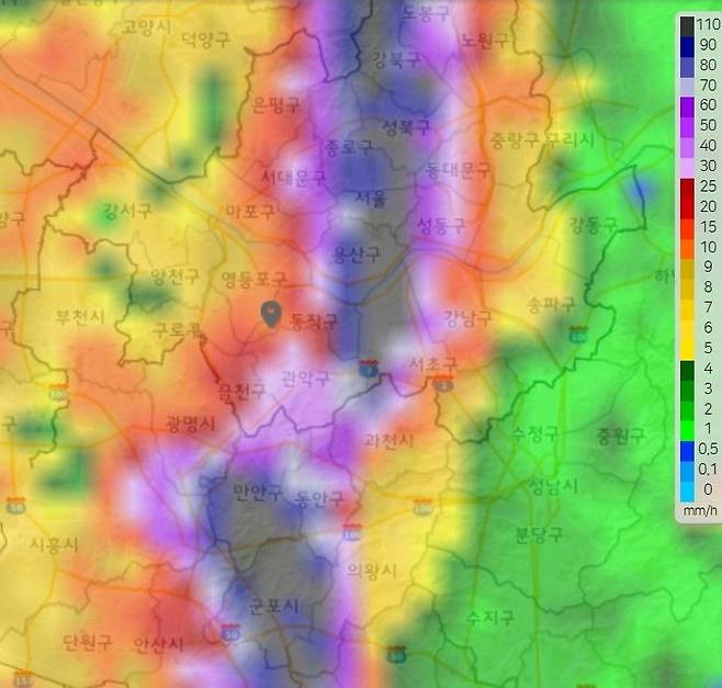 서울 지역 강우 현황(오전 4시 현재) 자료=기상청 레이더