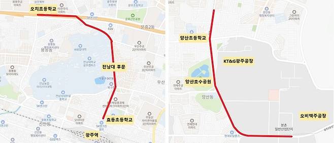 광주도시철도 2호선 2단계 건설공사 7공구(왼쪽), 10공구 구간. 광주시 자료 갈무리