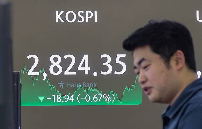 18일 오후 서울 중구 하나은행 본점 딜링룸 현황판에 코스피지수가 표시돼 있다. 연합뉴스