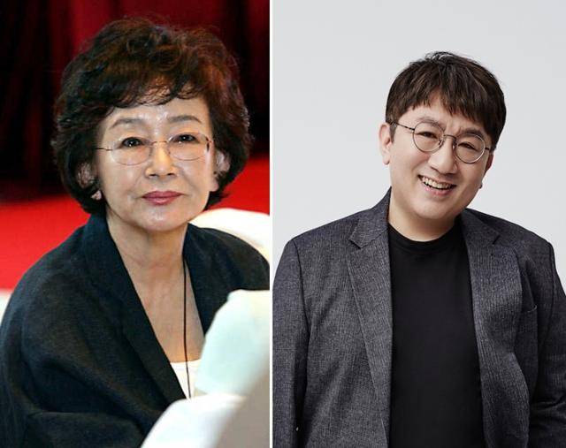 김수현(왼쪽) 드라마 작가와 방시혁 하이브 의장. 연합뉴스·하이브 제공