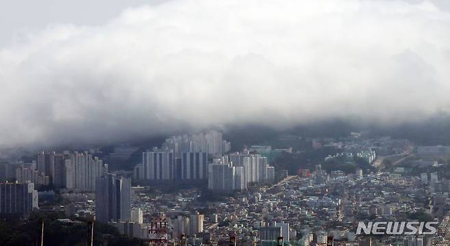 [부산=뉴시스] 하경민 기자 = 부산지역에 폭염주의보가 발효 중인 5일 부산 영도구 봉래산 일대에 짙은 해무로 밀려와 장관을 연출하고 있다. 2024.07.05. yulnetphoto@newsis.com