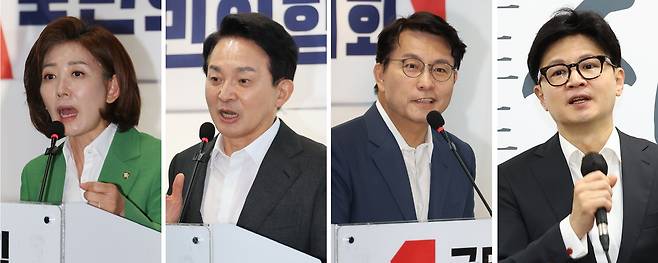 국민의힘 전당대회 당원투표를 하루 앞둔 18일 당대표 후보들의 모습. 왼쪽부터 여의도 당사에서 열린 국민의힘 서울시당 여성위원회 대회에서 지지를 호소하는 나경원·원희룡·윤상현 후보. 서울시의회 간담회에 참석한 한동훈 후보. /연합뉴스