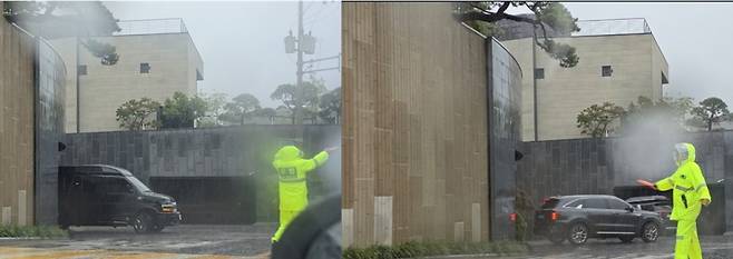 폭우가 쏟아지던 18일 오후  서울 한남동 이태원로55길에 위치한 구연경 LG복지재단 대표 자택에서 재단 이사진들이 이사회 회의를 마친 후 각자 차량을 타고 집을 나서고 있다. /사진= 오동희 선임기자