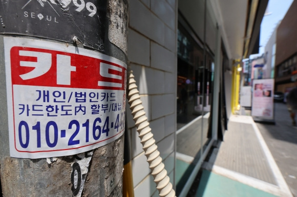 1일 오후 서울 중구 명동 시내의 한 가게 앞에 카드대출 안내문이 붙어 있다. 2024.07.01. 뉴시스