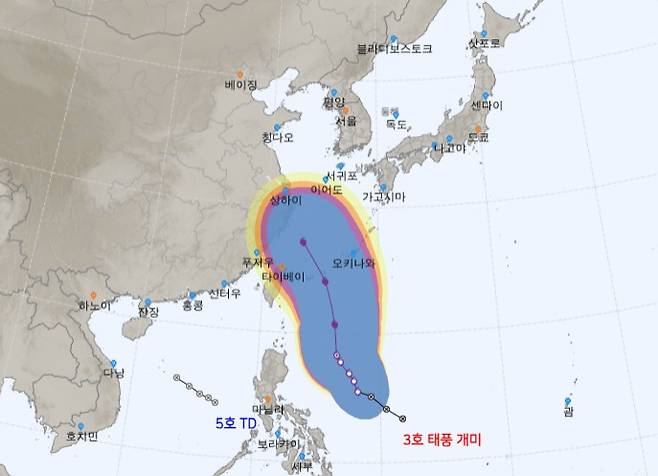 20일 오후 4시 30분 기상청이 발표한 제3호 태풍 개미의 예상 진로. (기상청 제공)