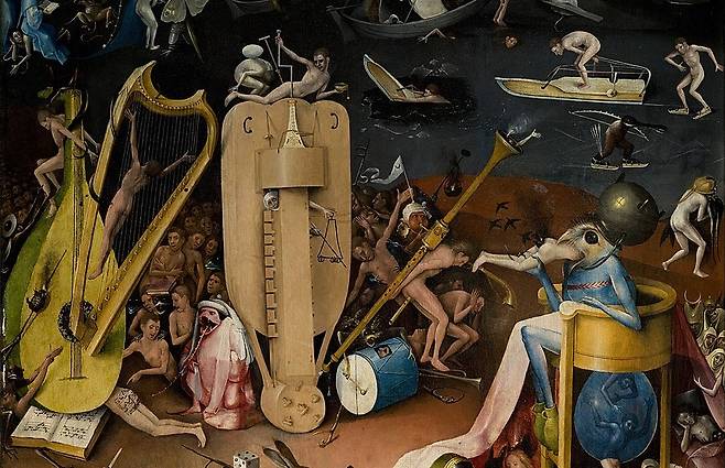 히에로니무스 보스, 세속적인 쾌락의 동산(오른쪽 일부 확대), 1490~1500년경, 패널에 유채, 205.5x384.9cm, 프라도 미술관