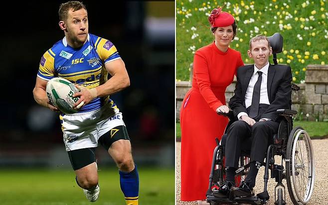 로버트 제프리 버로우​가 2013년 럭비 선수로 활동하던 당시 모습(왼쪽)과 2022년 신경퇴행성 질환 악화로 아내 옆에서 휠체어를 타고 있는 모습(오른쪽)./사진=데일리 메일