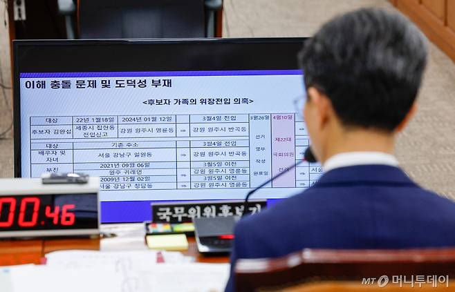 (서울=뉴스1) 안은나 기자 = 김완섭 환경부 장관 후보자가 22일 오전 서울 여의도 국회 환경노동위원회에서 열린 인사청문회에서 김태선 더불어민주당 의원으로부터 위장전입 의혹 질의를 듣고 있다. 2024.7.22/뉴스1  Copyright (C) 뉴스1. All rights reserved. 무단 전재 및 재배포,  AI학습 이용 금지. /사진=(서울=뉴스1) 안은나 기자