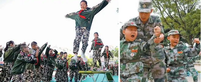 여름 방학을 맞아 중국 전역에서 군사훈련을 실시하는 가운데 초등학생과 유치원생마저도 모의총기와 단검을 들고 훈련받고 있는 모습이 포착됐다. [사진출처=웨이보]