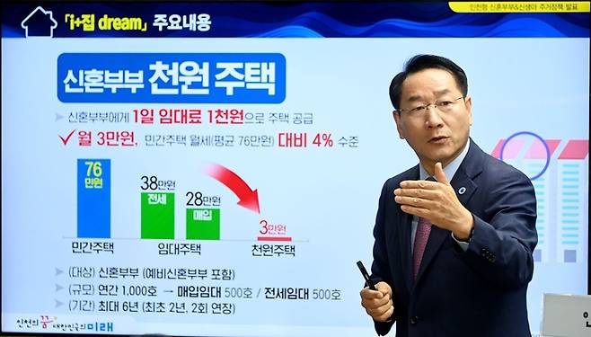 지난 9일 유정복 인천시장이 인천형 저출생 주거정책 ‘i+집 dream’을 발표하고 있다. 인천시 제공