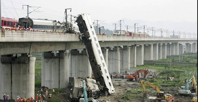 2011년7월23일 오후8시30분쯤 중국에서 벼락으로 급정차한 선행 열차를 후행 열차가 들이받아 200명 이상의 사상자가 발생했다. 이 사고로 열차 4량이 교량 아래로 떨어졌다. /사진=영국 데일리메일 갈무리