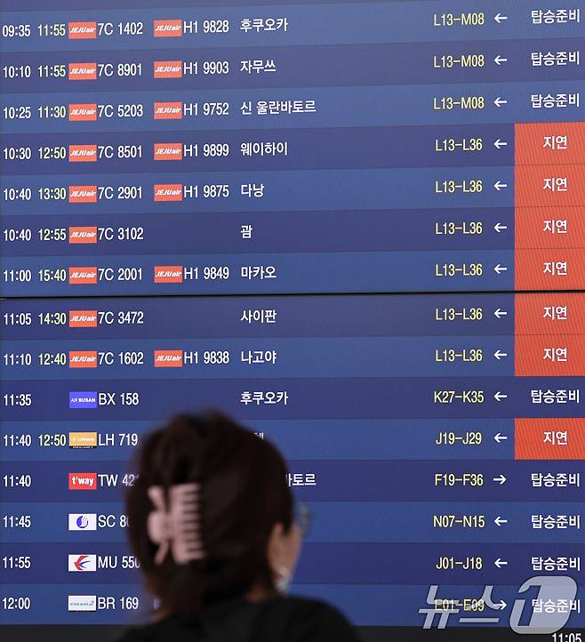21일 인천국제공항 출국장 전광판에 항공편 지연을 알리는 안내가 표시되고 있다. 지난 19일 미국 마이크로소프트(MS) 클라우드 서비스 장애와 관련해 인천공항에 취항하는 국내외 항공사들의 발권시스템 먹통으로 항공기 지연·결항이 속출했다. 2024.7.21/뉴스1 ⓒ News1 구윤성 기자
