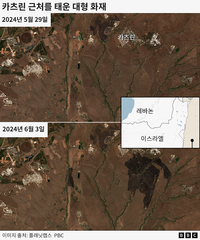 올해 5월 29일 대비 6월 3일 카츠린의 화재 피해를 보여주는 위성 지도