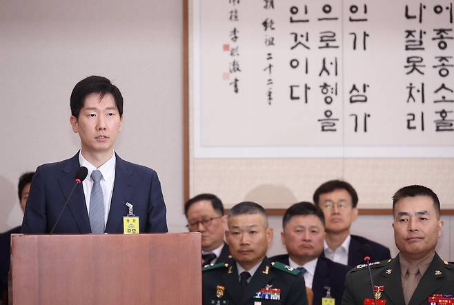 박정훈 대령의 법률대리인인 김규현 변호사가 7월19일 국회 법제사법위원회에서 열린 '윤석열 대통령 탄핵소추안 발의 요청' 국민동의 청원 관련 청문회에서 의원 질의에 답하고 있다. ⓒ연합뉴스