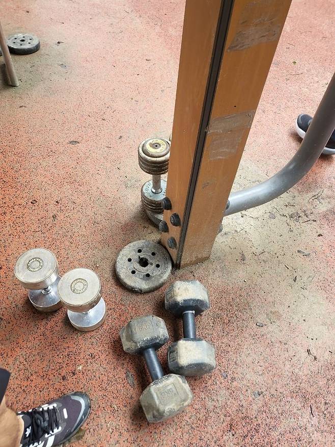 서울의 한 체육공원에는 개인이 가져온 아령 등이 바닥에 널브러져 있었다.ⓒ데일리안 허찬영 기자