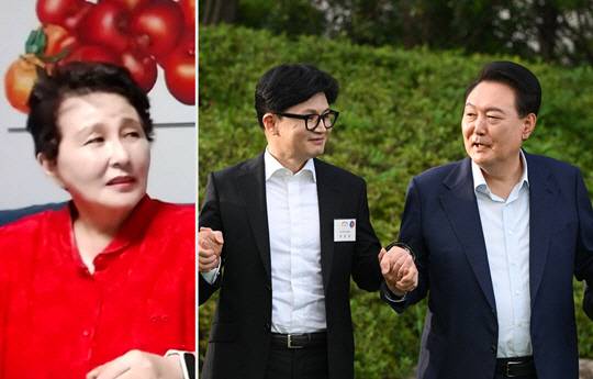 왼쪽은 전여옥 전 새누리당 의원, 오른쪽은 7월24일 용산 대통령실 청사 앞 파인그라스에서 만찬을 함께 한 윤석열 대통령과 한동훈(사진 내 왼쪽) 국민의힘 신임 당대표.<유튜브 채널 '전여옥 TV' 영상, 대통령실 제공 사진 갈무리>