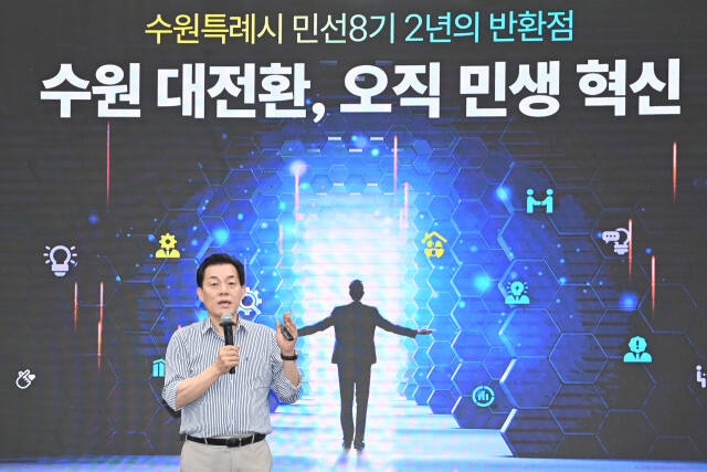 이재준 수원특례시장이 민선 8기 후반기 비전을 발표하고 있다. 수원특례시 제공