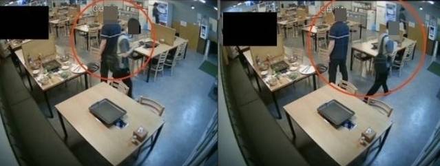 식당 개업 한 달 만에 무전취식 손님을 겪었다는 자영업자가 한 온라인 커뮤니티에 올린 식당 폐쇄회로텔레비전(CCTV) 영상 캡처 사진. 사진 속 한 손님이 계산대에는 눈길도 주지 않고 휴대폰만 바라보며 식당을 빠져나가고 있다. 온라인 커뮤니티