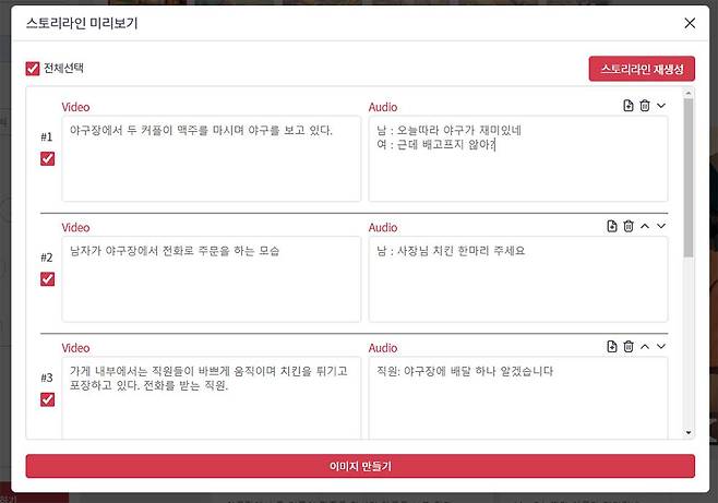 스토리라인 미리보기를 통해 생성할 이미지의 문구를 확인하거나 수정합니다 / 출처=IT동아