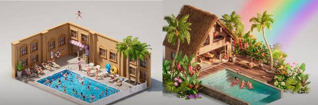 어린이들이 많은 호텔 수영장(왼쪽 사진)을 피해야 할 곳으로, 어린이들 없이 어른들만 즐길 수 있는 단독 숙소(오른쪽 사진)를 평화로운 곳으로 표현한 에어비앤비 광고. 에어비앤비 유튜브 캡처