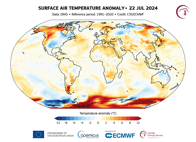 7월 22일 지구 표면 기온 편차. 자료 : 유럽연합 코페르니쿠스 기후변화서비스