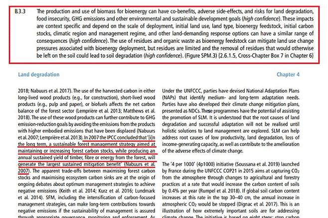 일부 환경단체는 관련 내용(위)을 근거로 바이오매스가 탄소중립적인 에너지원이 아니라고 지적한다. 산림청은 같은 보고서 안(아래)에 바이오매스가 이미 탄소중립적인 에너지원으로 결론이 났다고 반박한다. IPCC 특별보고서 캡처