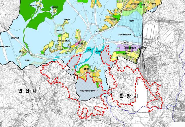 국도47호선 군포시 구간에 조성될 의왕군포안산지구(붉은 점선) 위쪽으로 부곡, 당동2,송정, 대야미, 의왕초평지구 등이 완료됐거나 진행 중이다. 의왕군포안산공공택지지구 지구계 도면. 군포시 제공