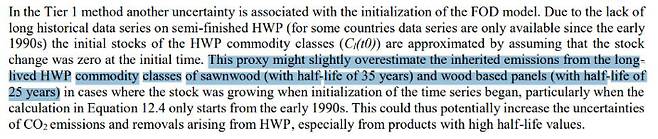 기후변화협의체(IPCC)의 [2006 국가 온실가스 인벤토리 가이드라인 2019 개정판]에 따르면 12장 수확된 목재 제품과 관련해 12.7(페이지 12.37) 평가의 불확실성에 다루는 장에서, 목재 제품과 관련해 탄소 추정치와 관련된 잠재적인 불확실성을 언급하고 있다. IPCC 제공
