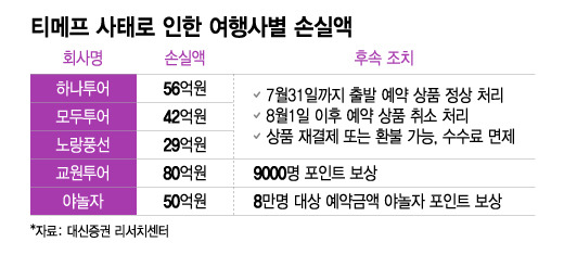 티메프 사태로 인한 여행사별 손실액. /그래픽=이지혜 디자인기자.