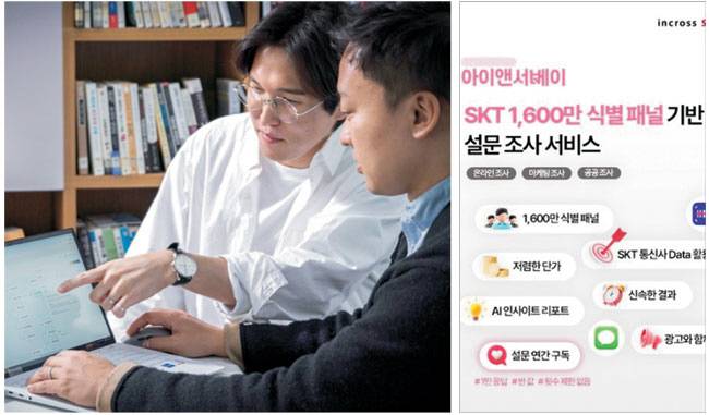 SK텔레콤이 선보인 ‘인공지능(AI) 카피라이터’(왼쪽)를 직원들이 이용하고 있다. 오른쪽은 디지털 광고전문기업 인크로스가 출시한 AI 기반 구독형 설문조사 서비스 ‘아이앤서베이’ 안내 모습.  각 사 제공