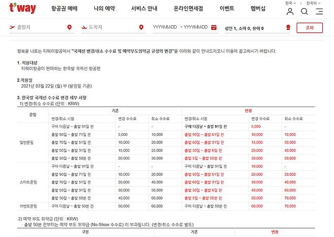 티웨이항공 항공권 취소수수료 규정. [티웨이항공 캡처]