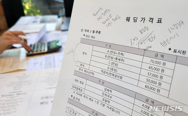 [서울=뉴시스] 백동현 기자 = 27일 오후 서울 시내 한 카페에서 예비 신부가 상담받은 견적서들을 살펴보면서 예식장 별 견적을 비교하고 있다. 사진은 실제 계약서가 아닌 상담받기 위한 견적서임을 밝힌다. 2022.05.27. livertrent@newsis.com