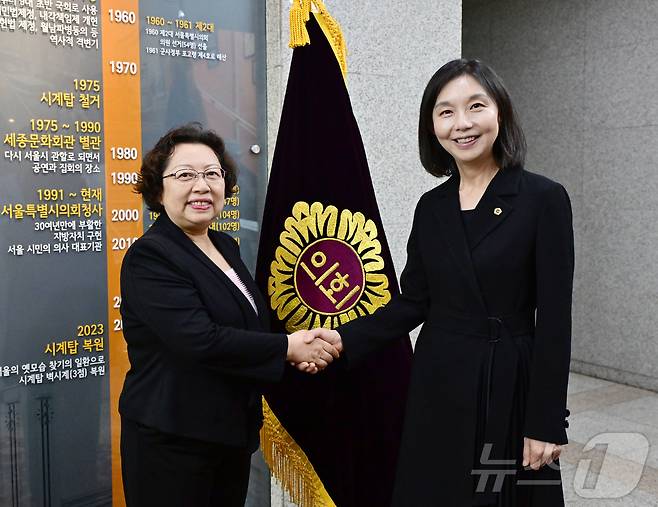 왕훙 베이징시정치협상회의 부주석과 악수하는 최호정 의장(우측). (서울시의회 제공)