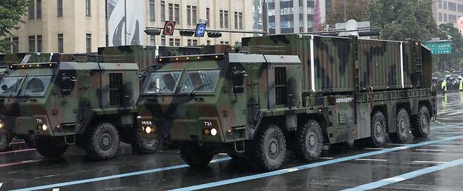 The "high-power" bunker-buster Hyunmoo ballistic missiles are displayed during a military street parade on Tuesday in downtown Seoul, commemorating the 75th anniversary of Armed Forces Day which falls on Oct. 1, 2023. (Korea Herald - Joint Press Corps)