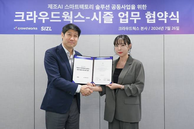 김우승 크라우드웍스 대표(왼쪽)와 이지현 시즐 대표가 업무협약을 맺고 있다. /사진=크라우드웍스 제공