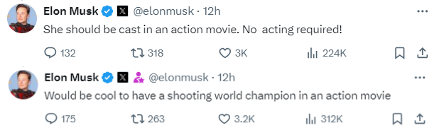 지난 5월 아제르바이잔 바쿠에서 열린 국제사격연맹(ISSF) 사격 월드컵 25m 권총 경기에서 김예지 선수가 세계 신기록을 세우는 모습에 일론 머스크 테슬라 최고경영자가 댓글을 달았다. 사진=엑스 캡처