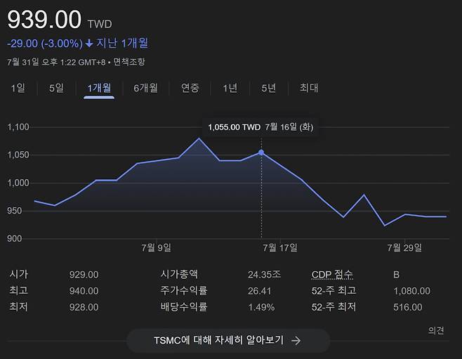 7월 16일 이후 급락한 TSMC 주가(사진=구글)