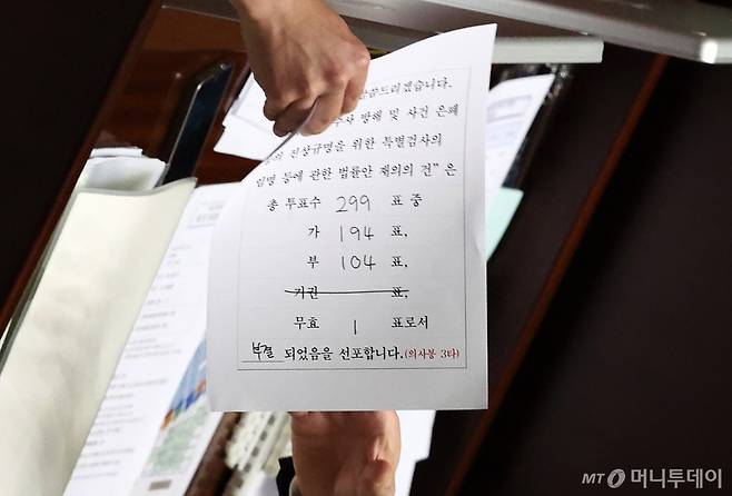 [서울=뉴시스] 조성우 기자 = 25일 오후 서울 여의도 국회에서 열린 제416회 국회(임시회) 제1차 본회의에서 직원이 순직 해병 수사 방해 및 사건 은폐 등의 진상규명을 위한 특별검사의 임명 등에 관한 법률안 재의의 건 표결 결과를 의장에게 전달하고 있다. 2024.07.25. xconfind@newsis.com /사진=조성우