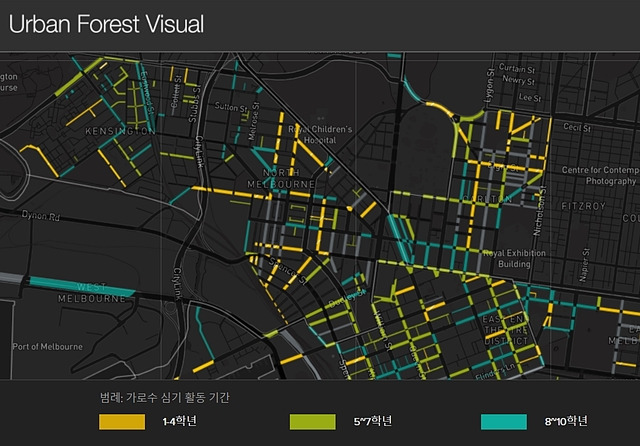 향후 10년 이내에 가로수 식재가 예정된 거리 정보를 시각화해 나타냈다. 멜버른 '도시숲 비주얼' 캡쳐.
