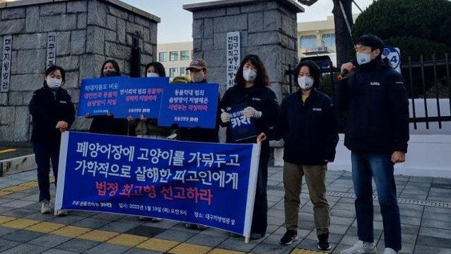 지난해 1월, 대구고등법원 앞에서 동물권행동 ‘카라’ 활동가들이 ‘폐양어장 고양이 학대사건’ 범인의 엄벌을 촉구하는 기자회견을 열었다. 하지만, 이 사건 범인은 이 재판에서 집행유예를 선고받고 풀려났다. 동물권행동 카라 제공