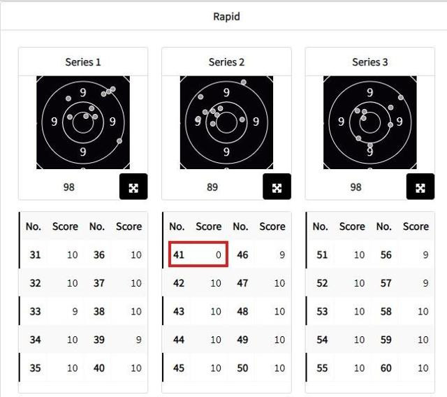 김예지는 2일(현지시간) 프랑스 파리 샤토루 슈팅센터에서 열린 2024 파리 올림픽 사격 25ｍ 권총 본선에서 완사와 급사 합계 575점을 기록했다. 사진은 김예지가 0점을 쏜 25ｍ 권총 본선 급사 표적지. 파리올림픽 마이인포 캡처