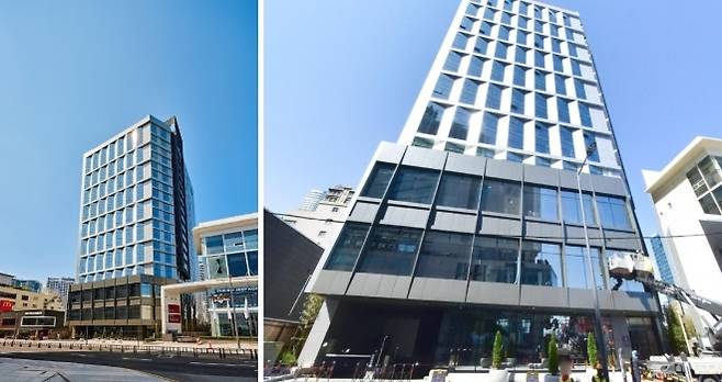 L7 해운대 건물을 밖에서 보면 객실 창이 살짝 틀어져 있는 것을 알 수 있다. 최대한 바다 조망을 확보하기 위해서다. / 왼쪽 사진=롯데호텔앤리조트, 오른쪽 사진=네이버 지도 로드뷰