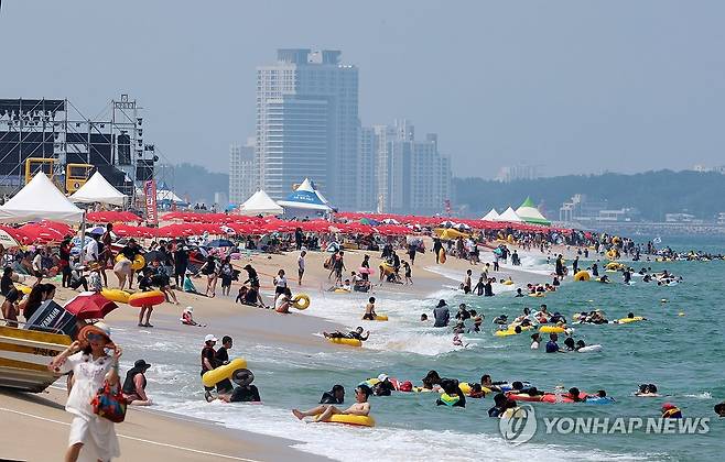 폭염특보 속 해수욕장 피서객 (강릉=연합뉴스) 유형재 기자 = 4일 강원 강릉시 경포해수욕장을 찾은 피서객들이 물놀이를 즐기며 무더위를 식히고 있다. 2024.8.4 yoo21@yna.co.kr