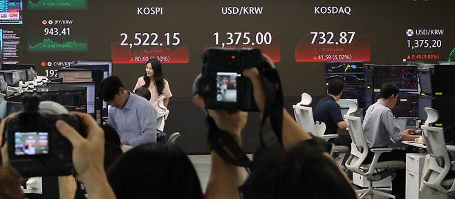 전날 급락했던 코스피가 6일 80.60포인트(3.3%) 오른 2,522.15에 거래를 마쳤다. 코스닥은 41.59p(6.02%) 오른 732.87로 마감했다. 이날 중구 하나은행 본점 딜링룸에 취재진이 모여 있다. /연합뉴스